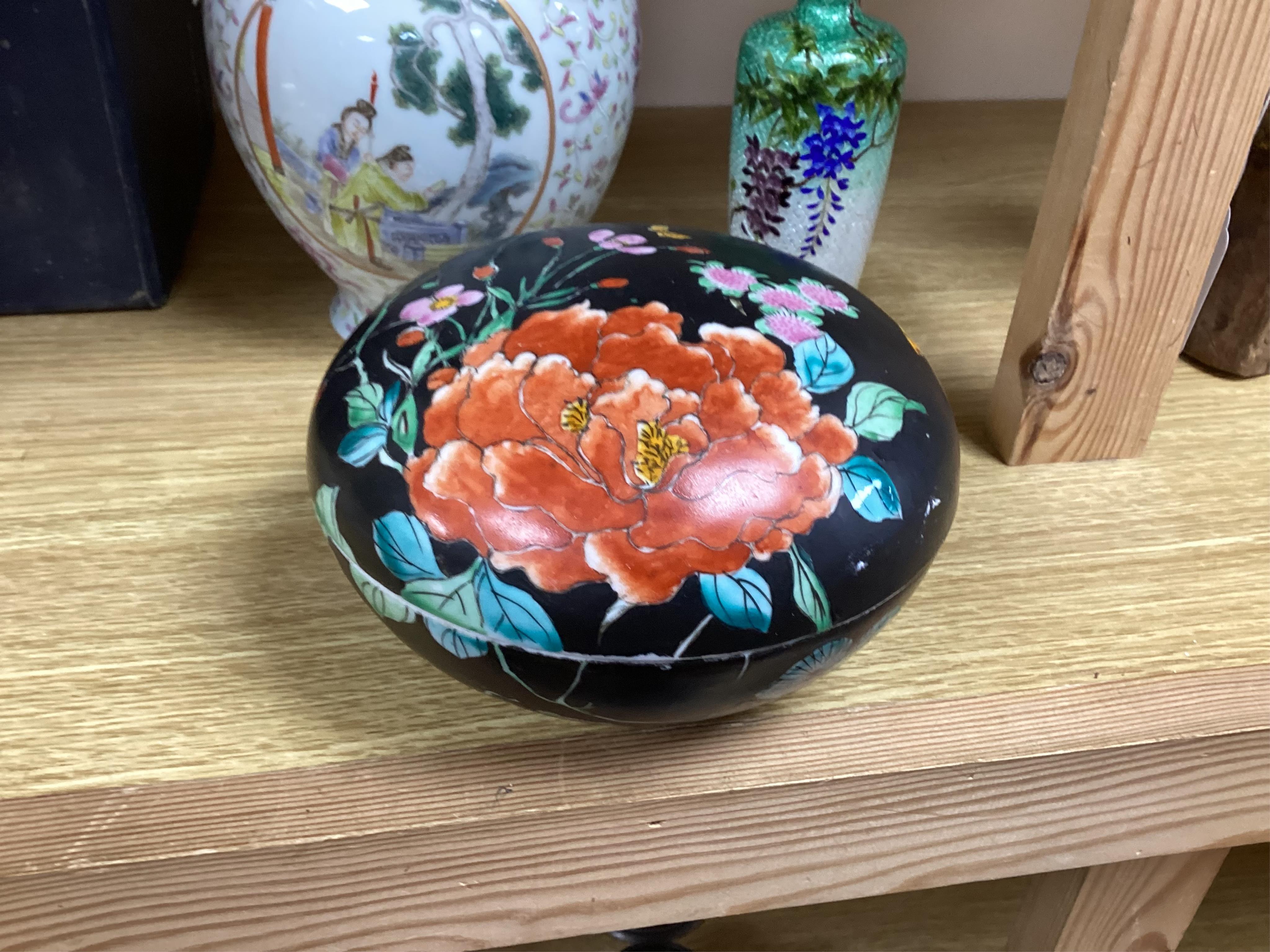 A Chinese famille rose vase, a powder box and an enamelled vase, largest 21cm high